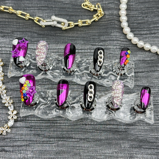 * Cyber Pop | Handmade Press-On Nails | Style No. A045 | Metallic Pink + Chains + Stars + Beads