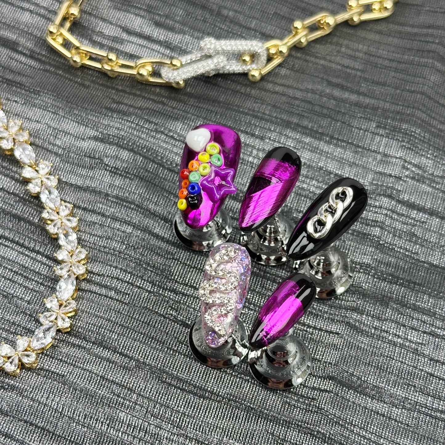 * Cyber Pop | Handmade Press-On Nails | Style No. A045 | Metallic Pink + Chains + Stars + Beads