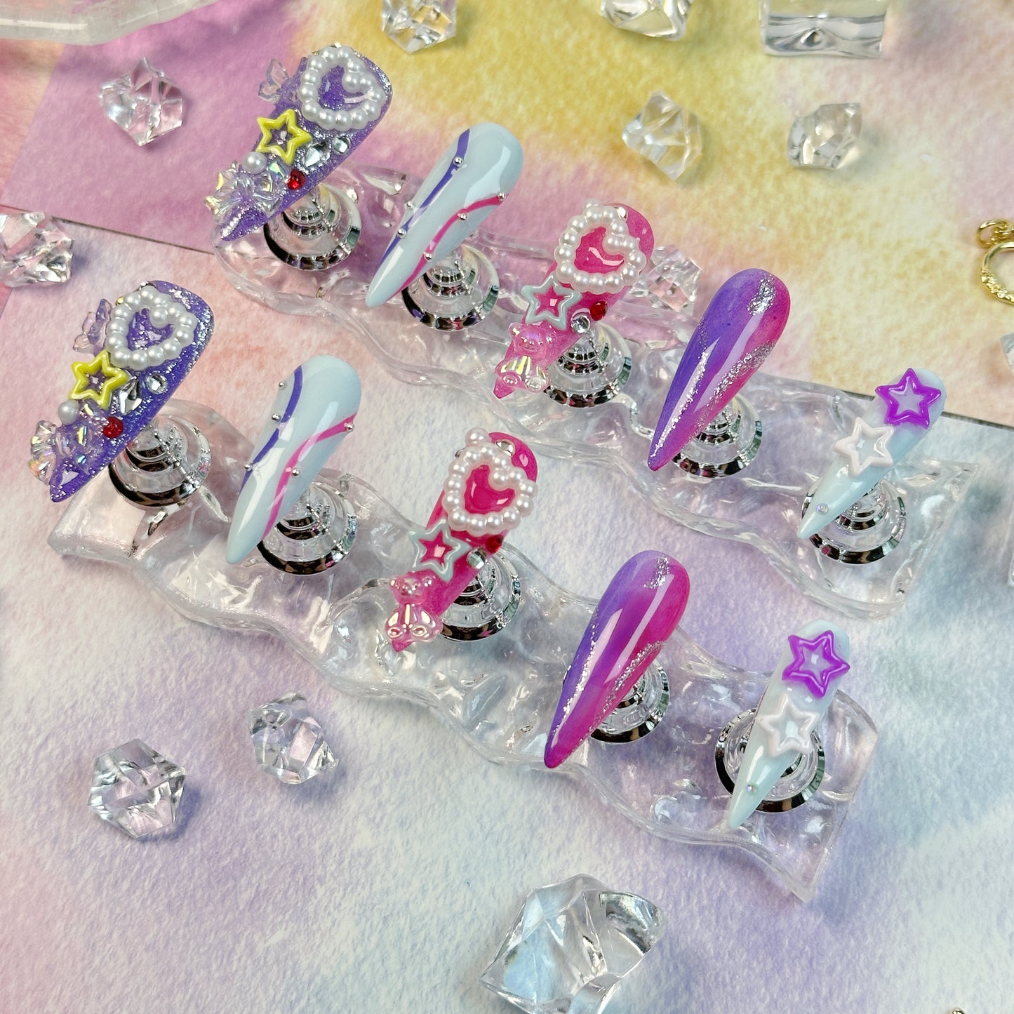 Galactic Pop | Handmade Press-On Nails | Style No. W101 | 3D Stars & Pearls, Pink Purple Gradient, Long Coffin Shape