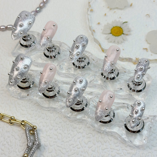 * Silver Stud Glam | Handmade Press-On Nails | Style No. A047 | Nude & Glitter Silver with 3D Chrome Beads