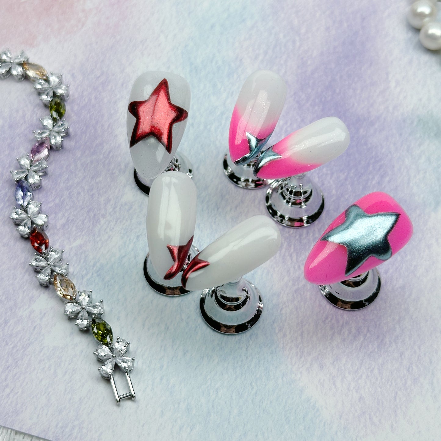 Starlight Glow | Handmade Press-On Nails | Style No. A040 | Glow-in-the-Dark Stars, Pink Ombre, Almond Shape