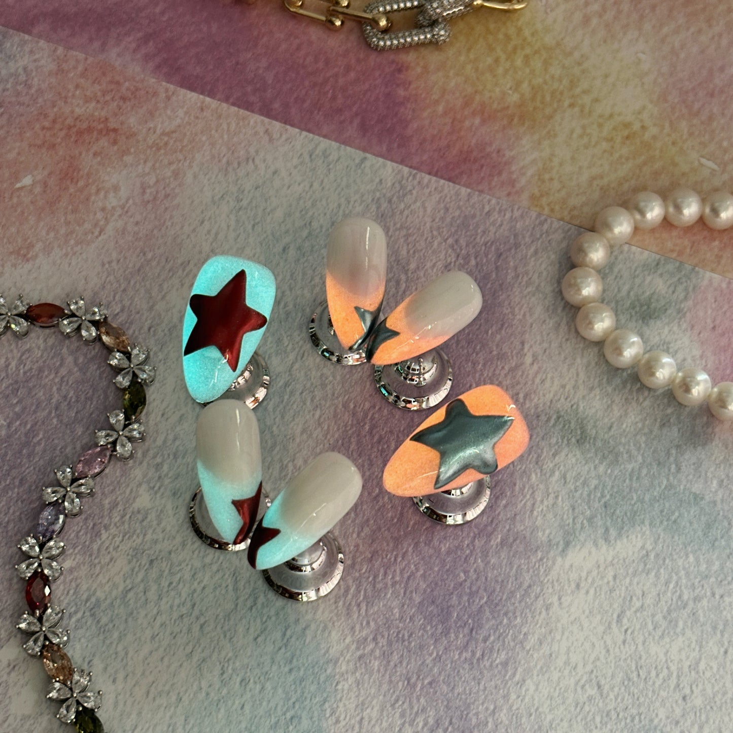 Starlight Glow | Handmade Press-On Nails | Style No. A040 | Glow-in-the-Dark Stars, Pink Ombre, Almond Shape