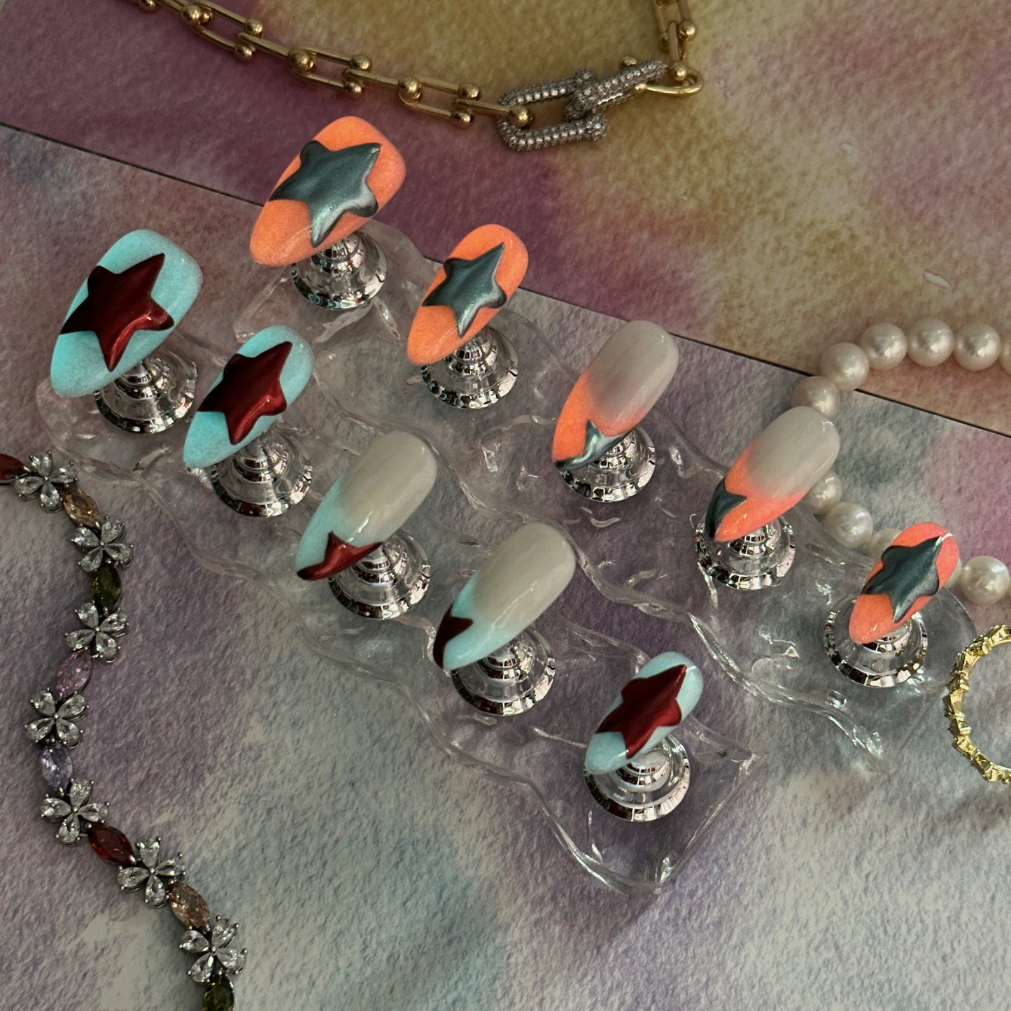 Starlight Glow | Handmade Press-On Nails | Style No. A040 | Glow-in-the-Dark Stars, Pink Ombre, Almond Shape