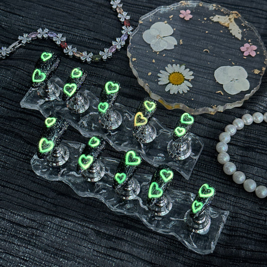 * Black Pink Heart Spark | Handmade Press-On Nails | Style No. A042 | Glow-in-the-Dark Pink Hearts on Glitter Black