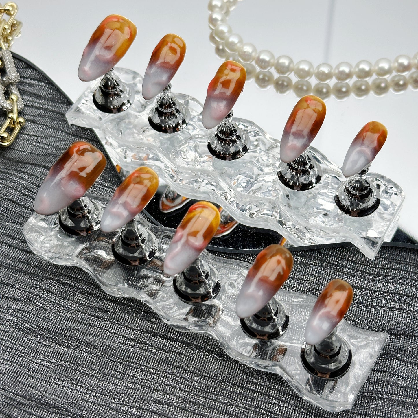 Amber Mist | Handmade Press-On Nails | Style No. A043 | Glow-in-the-Dark Gradient Brown-White