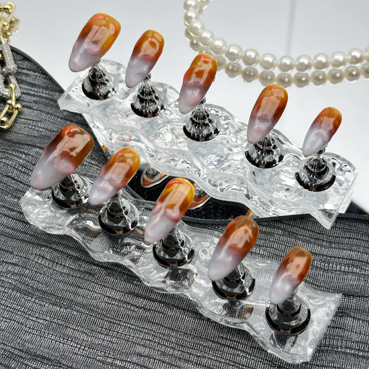 Amber Mist | Handmade Press-On Nails | Style No. A043 | Glow-in-the-Dark Gradient Brown-White