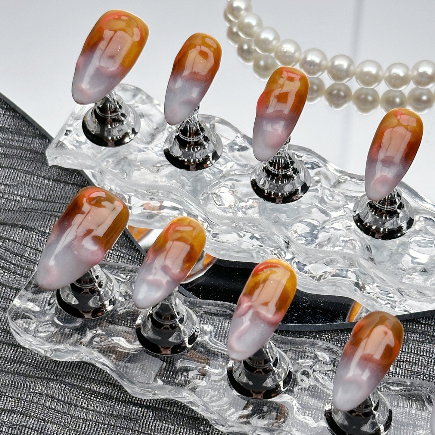 Amber Mist | Handmade Press-On Nails | Style No. A043 | Glow-in-the-Dark Gradient Brown-White