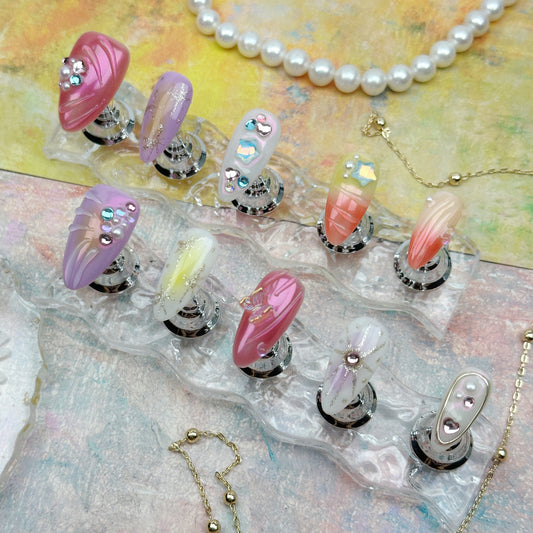 * Cotton Candy Dream | Handmade Press-On Nails | Style No. A046 | Iridescent Jelly Gradient + 3D Beads + Stars