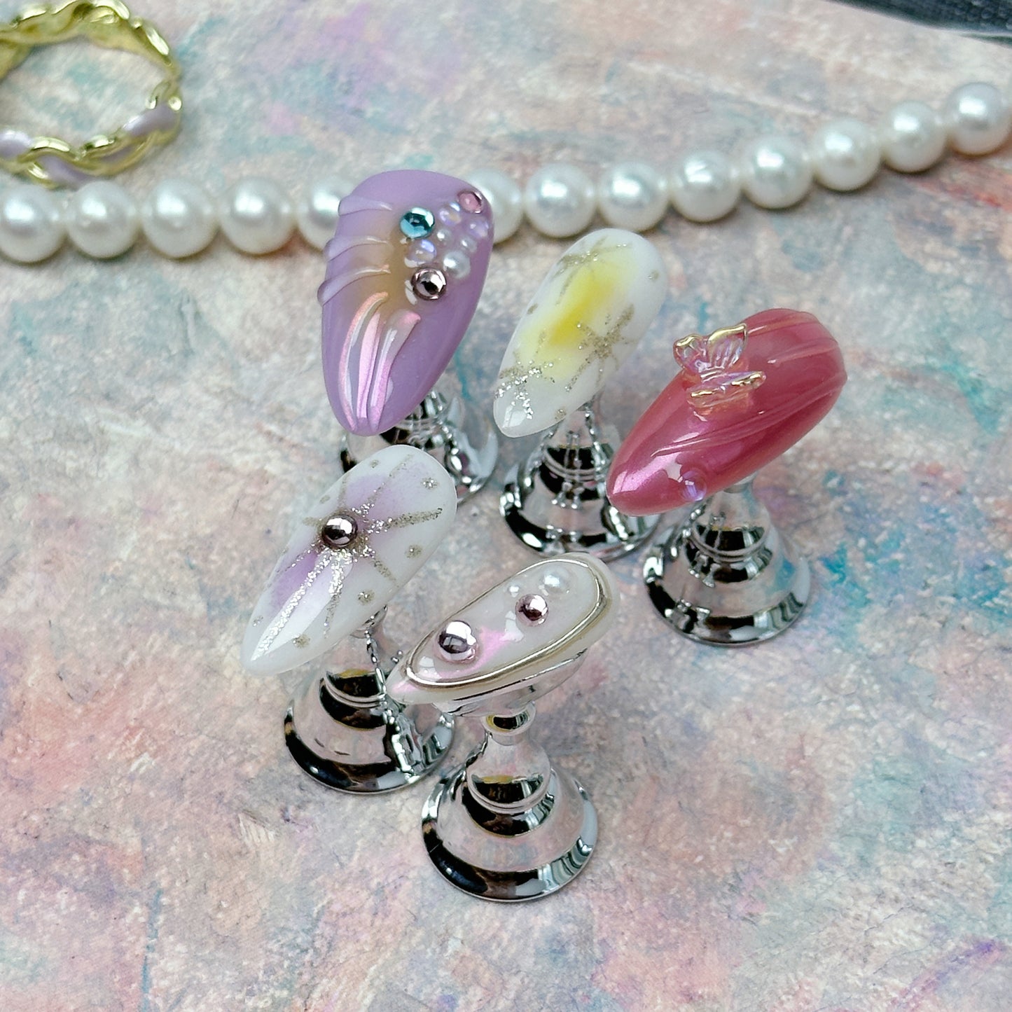 * Cotton Candy Dream | Handmade Press-On Nails | Style No. A046 | Iridescent Jelly Gradient + 3D Beads + Stars