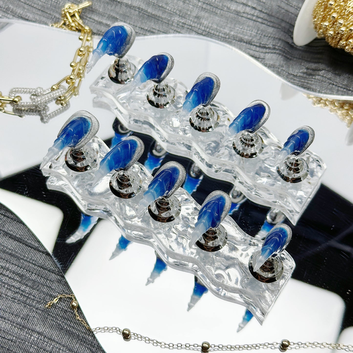 * Deep Sea Glow | Handmade Press-On Nails | Style No. A041 | Glow-in-the-Dark Spiral Tips, Ocean Blue & Silver Glitter