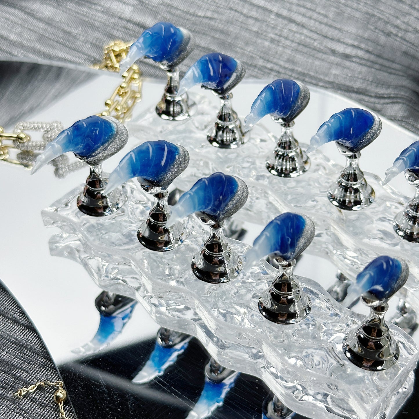 * Deep Sea Glow | Handmade Press-On Nails | Style No. A041 | Glow-in-the-Dark Spiral Tips, Ocean Blue & Silver Glitter