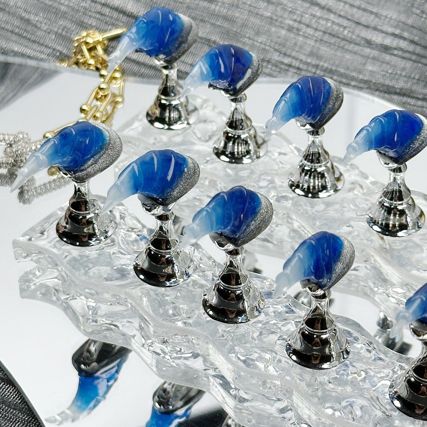 * Deep Sea Glow | Handmade Press-On Nails | Style No. A041 | Glow-in-the-Dark Spiral Tips, Ocean Blue & Silver Glitter