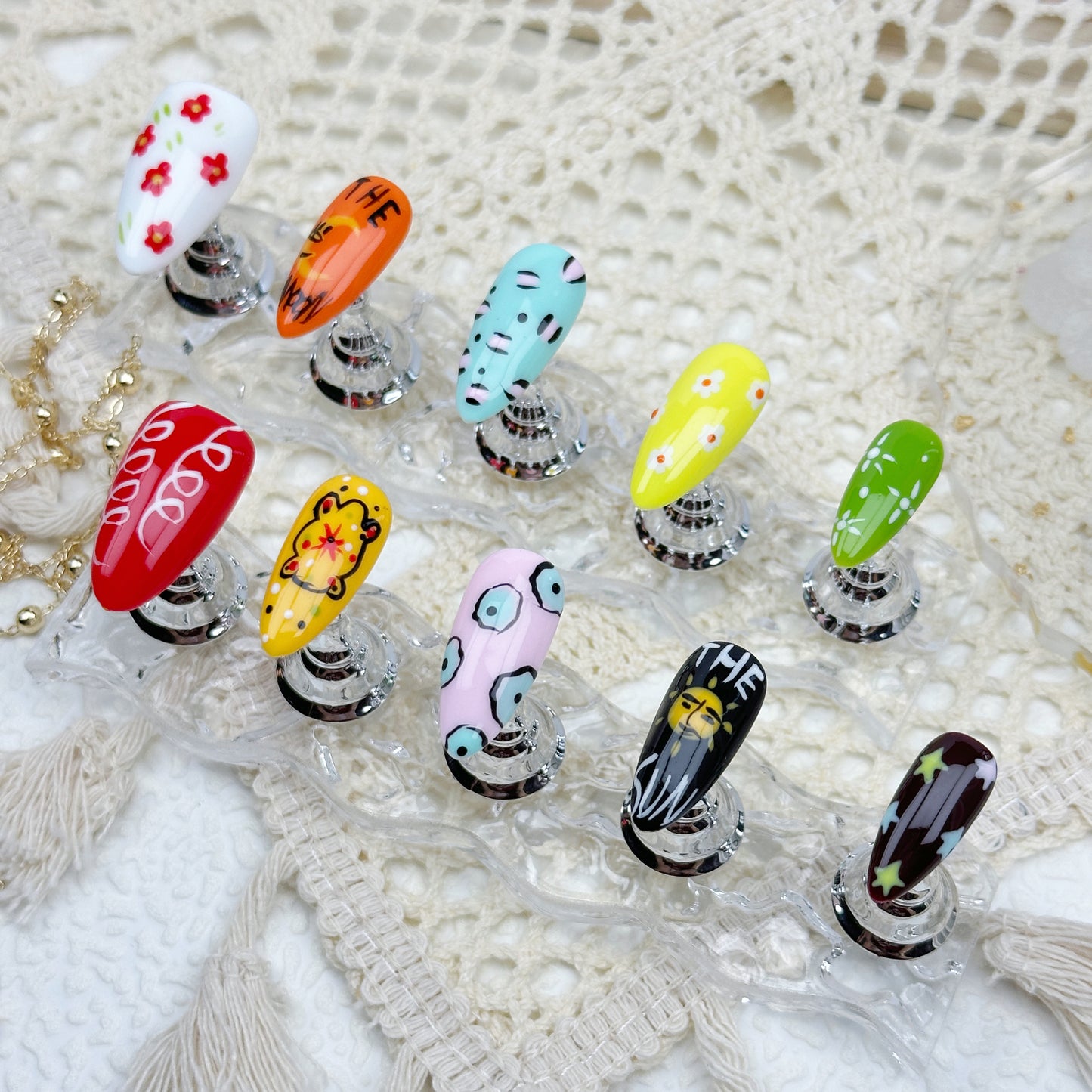 Doodle Mood | Handmade Press-On Nails | Style No. G014| Hand-Painted Art, Cartoon Patterns & Bright Colors, Reusable Nail Set