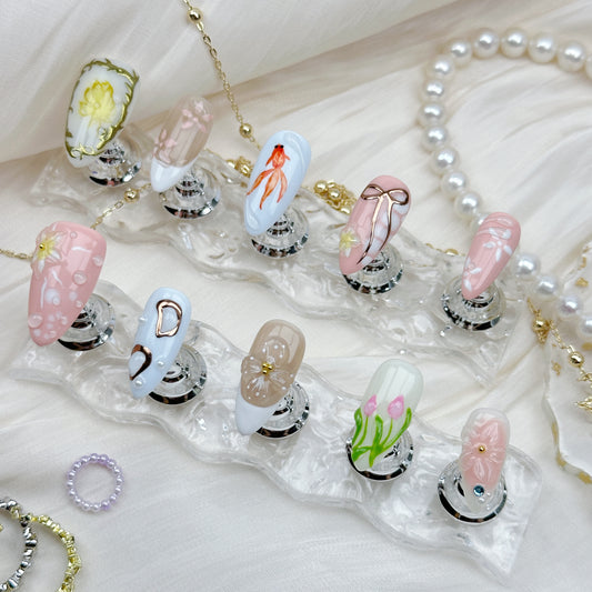 Garden Poetry | Handmade Press-On Nails | Style No. H105| Hand-Painted Floral, Bow & Goldfish Art, Reusable Cottagecore Nail Set