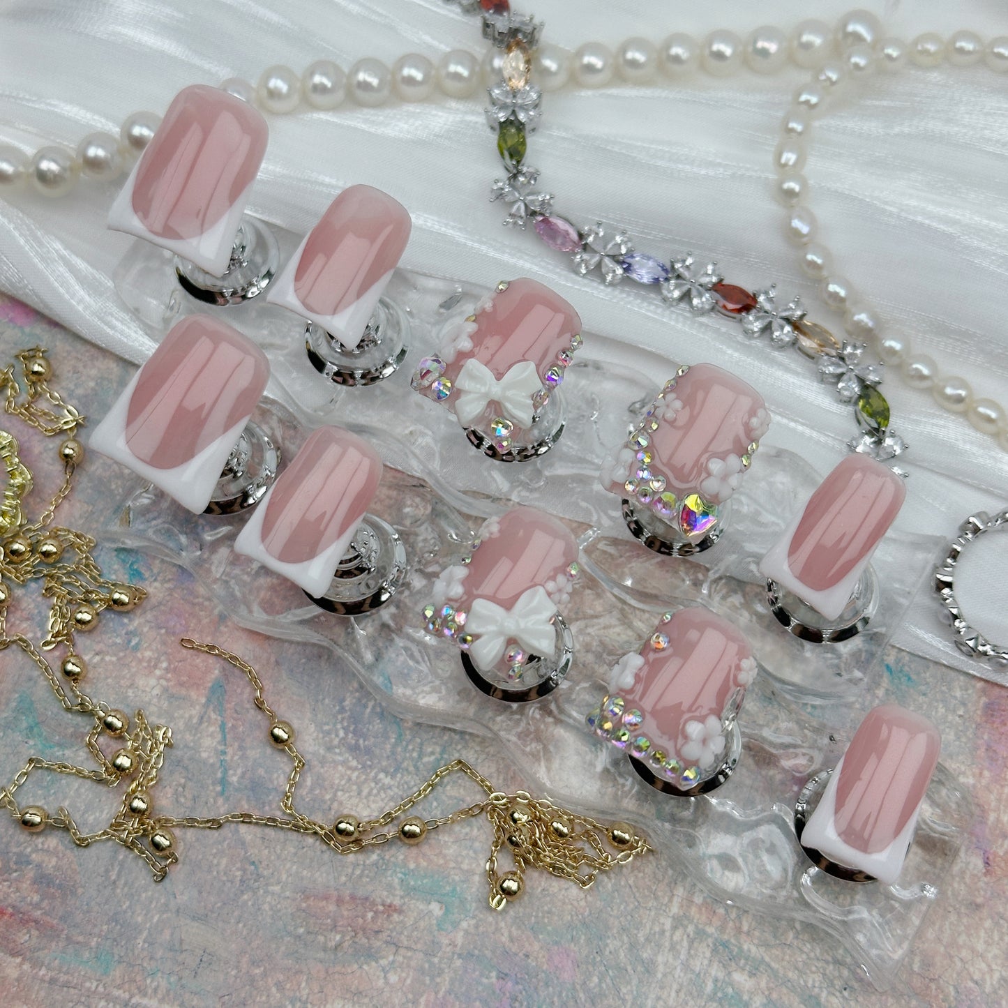 Butterfly Grace | Handmade Press-On Nails | Style No. A027 | Nude French Tip, 3D Butterfly & Rhinestone Accents, Reusable Nail Set