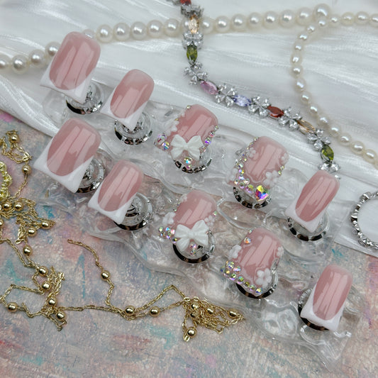 Butterfly Grace | Handmade Press-On Nails | Style No. A027 | Nude French Tip, 3D Butterfly & Rhinestone Accents, Reusable Nail Set