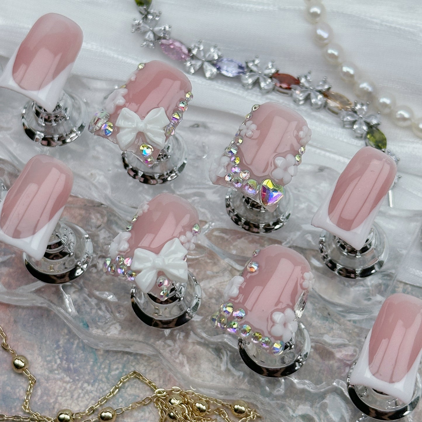 Butterfly Grace | Handmade Press-On Nails | Style No. A027 | Nude French Tip, 3D Butterfly & Rhinestone Accents, Reusable Nail Set