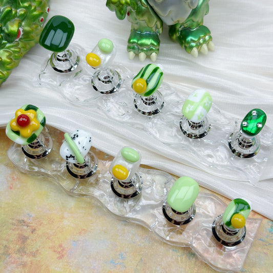 Melon Pop | Handmade Press-On Nails | Style No. L028| Matcha Green & Fruit-Inspired 3D Accents, Reusable Cute Nail Set