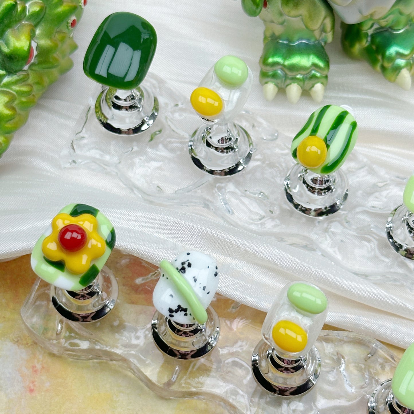 Melon Pop | Handmade Press-On Nails | Style No. L028| Matcha Green & Fruit-Inspired 3D Accents, Reusable Cute Nail Set