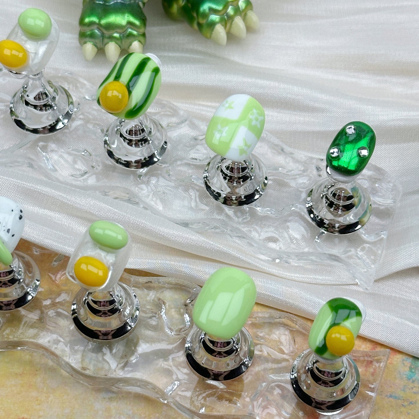 Melon Pop | Handmade Press-On Nails | Style No. L028| Matcha Green & Fruit-Inspired 3D Accents, Reusable Cute Nail Set