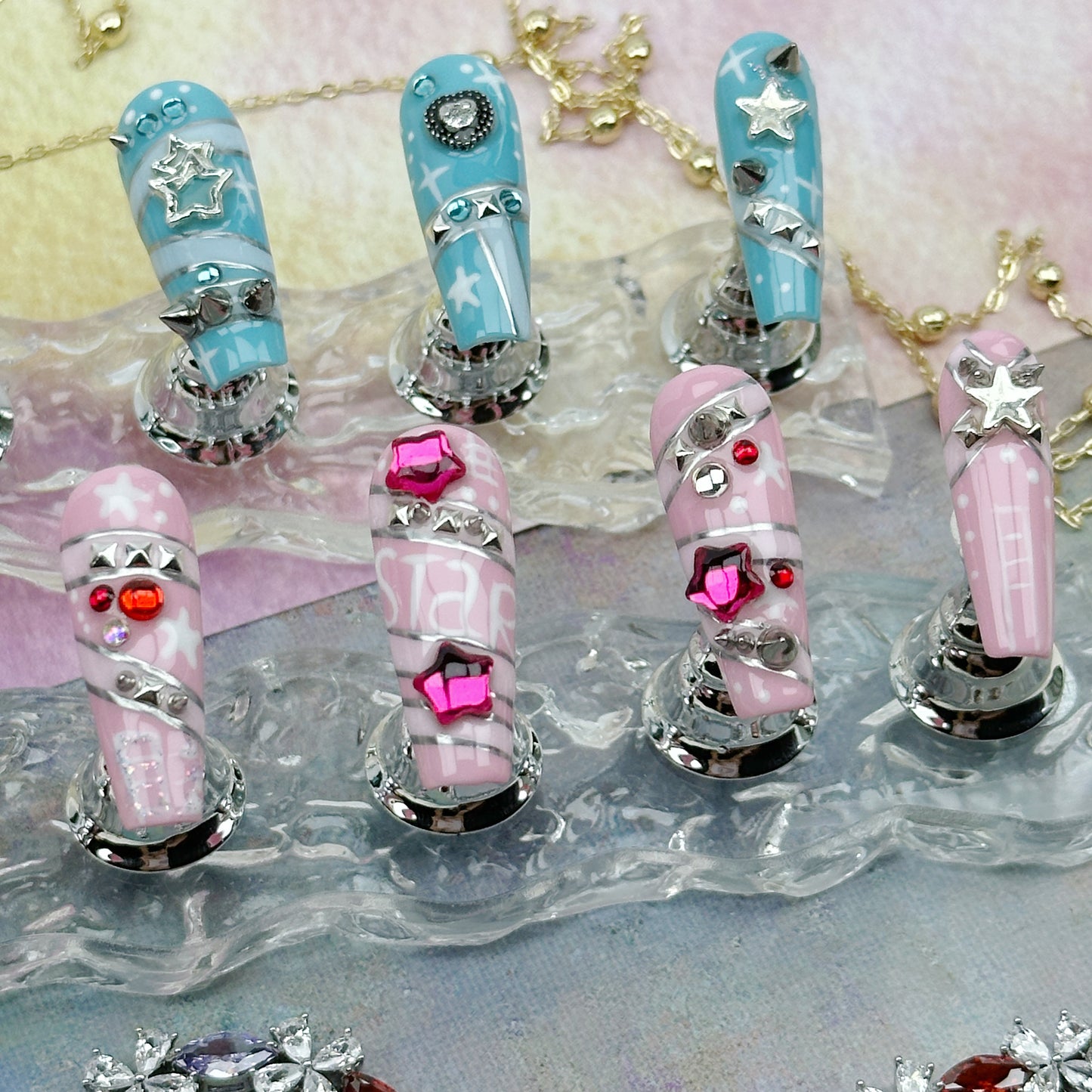 Star Riot | Handmade Press-On Nails | Style No. G117| Blue & Pink Plaid Base, Chain Stars & Rhinestones, Reusable Punk Kawaii Nail Set