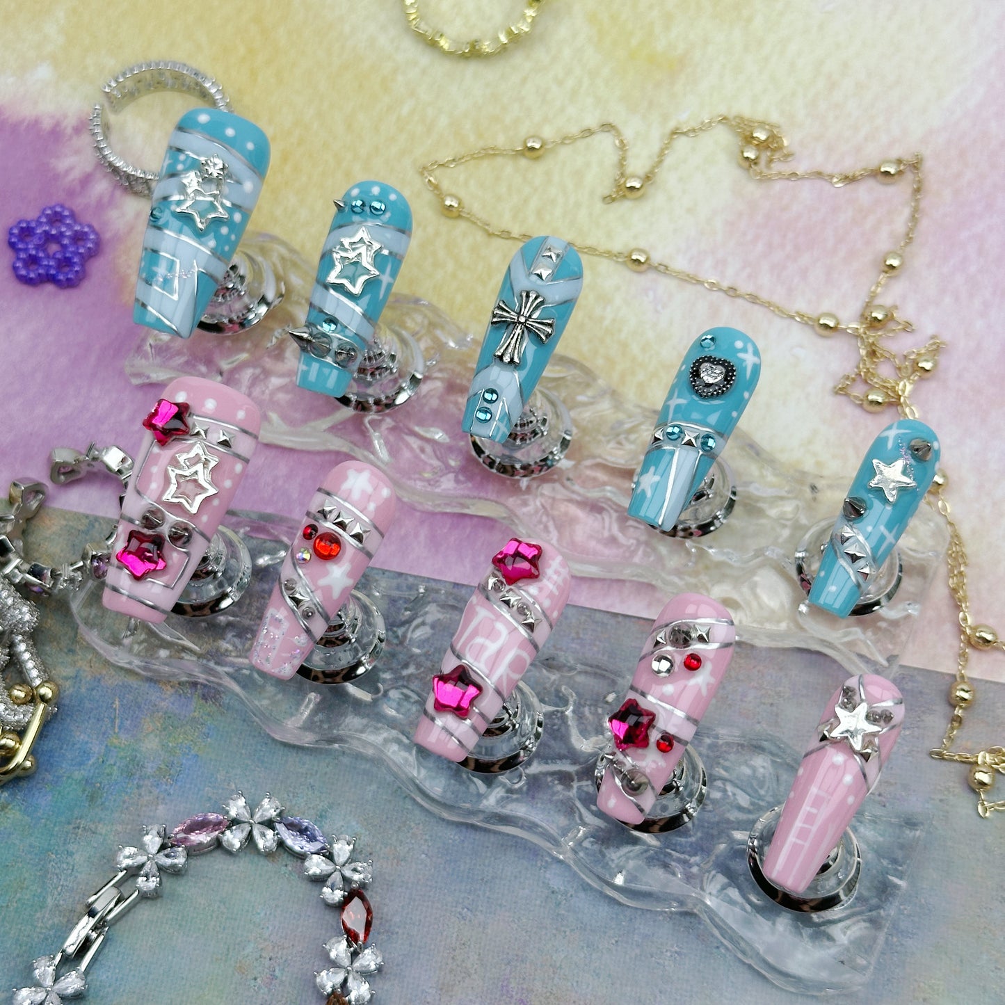 Star Riot | Handmade Press-On Nails | Style No. G117| Blue & Pink Plaid Base, Chain Stars & Rhinestones, Reusable Punk Kawaii Nail Set