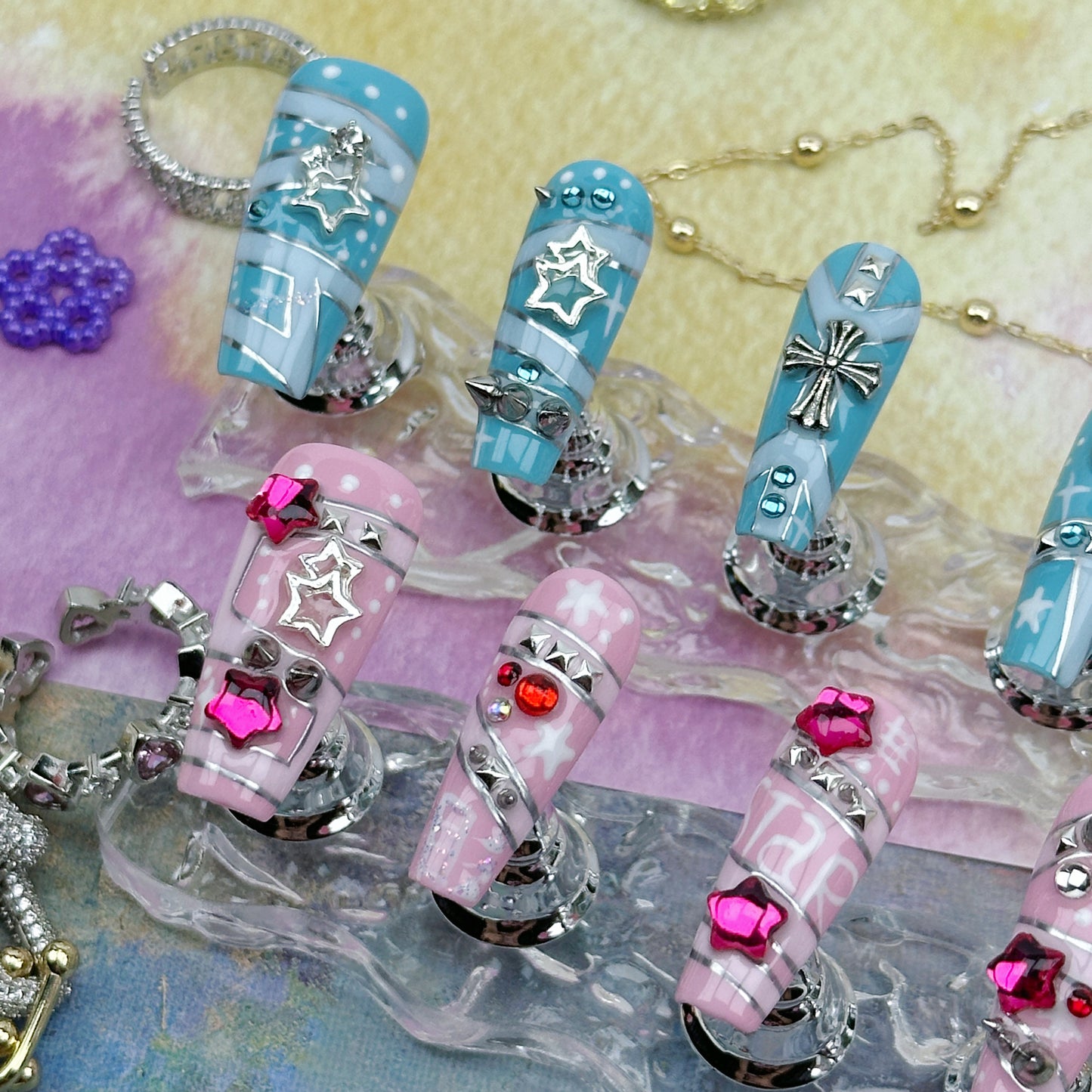 Star Riot | Handmade Press-On Nails | Style No. G117| Blue & Pink Plaid Base, Chain Stars & Rhinestones, Reusable Punk Kawaii Nail Set