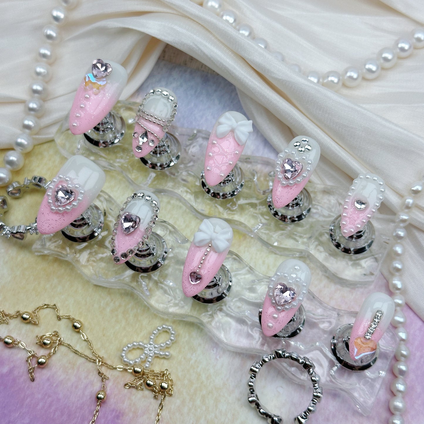 Princess Crush | Handmade Press-On Nails | Style No. G002| Baby Pink Glitter, 3D Bows & Heart Gems, Reusable Kawaii Nail Set