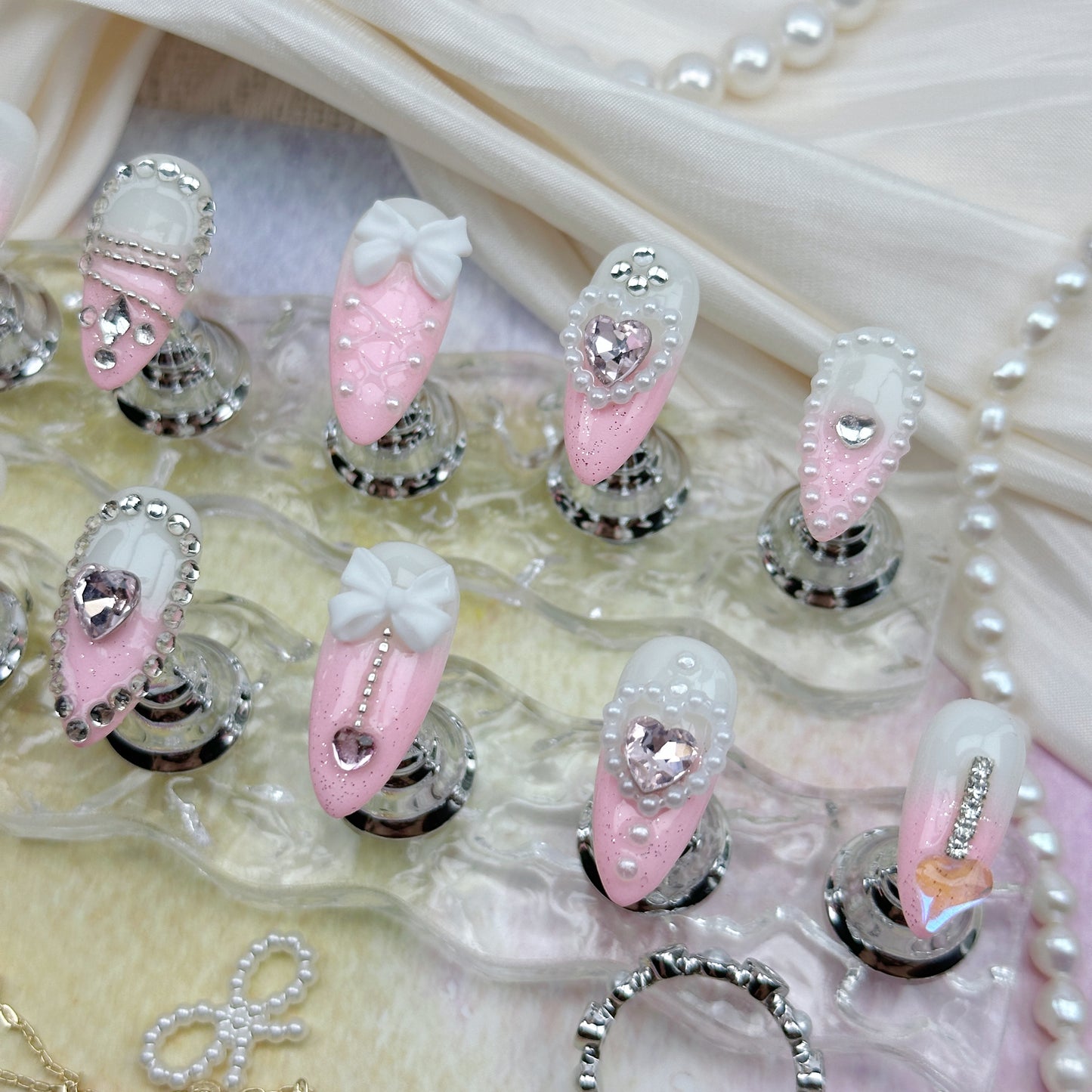 Princess Crush | Handmade Press-On Nails | Style No. G002| Baby Pink Glitter, 3D Bows & Heart Gems, Reusable Kawaii Nail Set