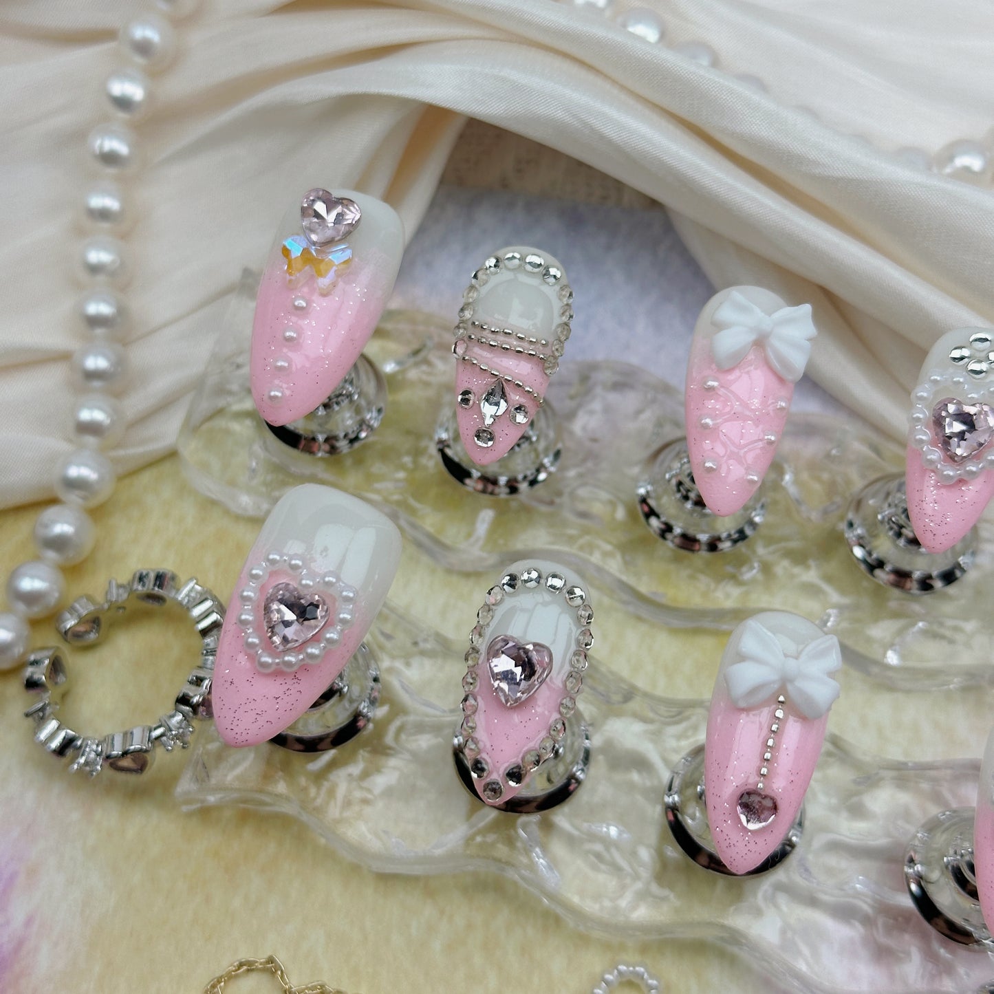 Princess Crush | Handmade Press-On Nails | Style No. G002| Baby Pink Glitter, 3D Bows & Heart Gems, Reusable Kawaii Nail Set