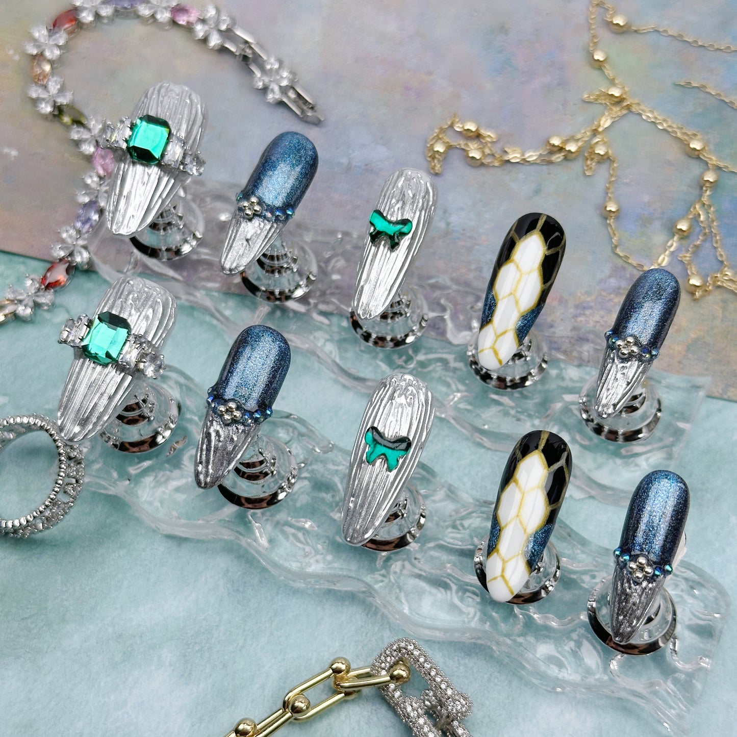 Cyber Serpent | Handmade Press-On Nails | Style No. G140| Metallic Silver Texture, Emerald Gemstone, Snake Print, Reusable Nail Set