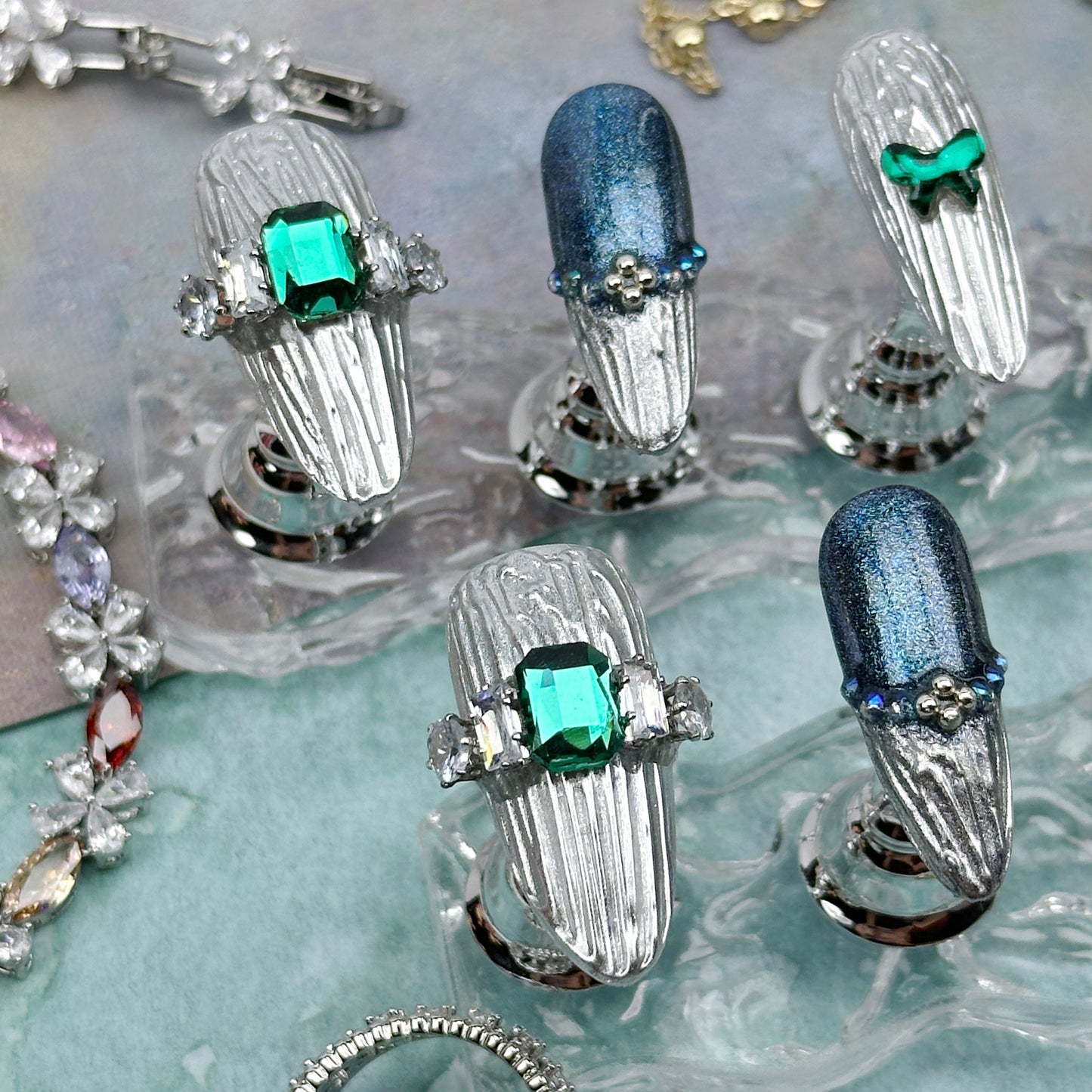 Cyber Serpent | Handmade Press-On Nails | Style No. G140| Metallic Silver Texture, Emerald Gemstone, Snake Print, Reusable Nail Set