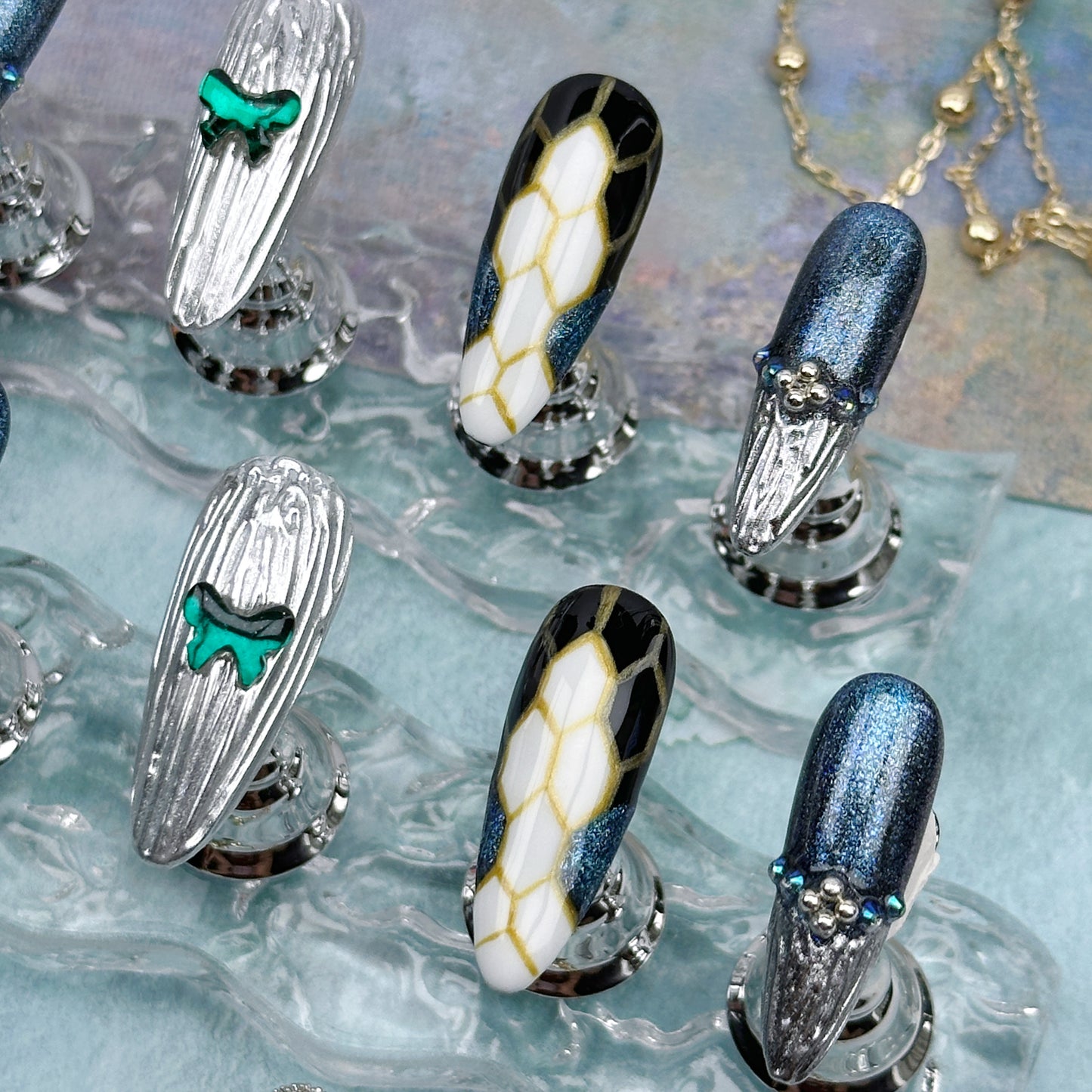 Cyber Serpent | Handmade Press-On Nails | Style No. G140| Metallic Silver Texture, Emerald Gemstone, Snake Print, Reusable Nail Set