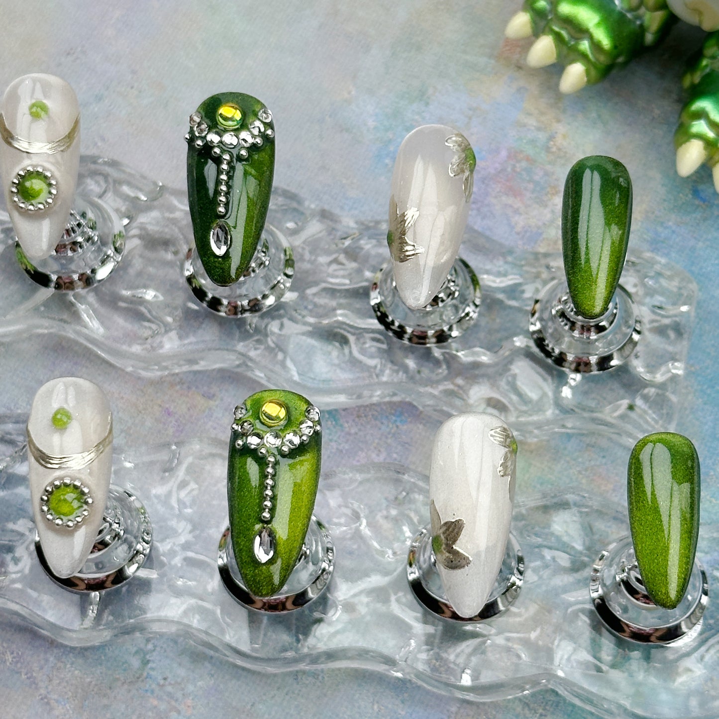 Emerald Velvet Handmade Press-On Nails | Style No. A001| Deep Green Cat Eye, Elegant Jewel Design