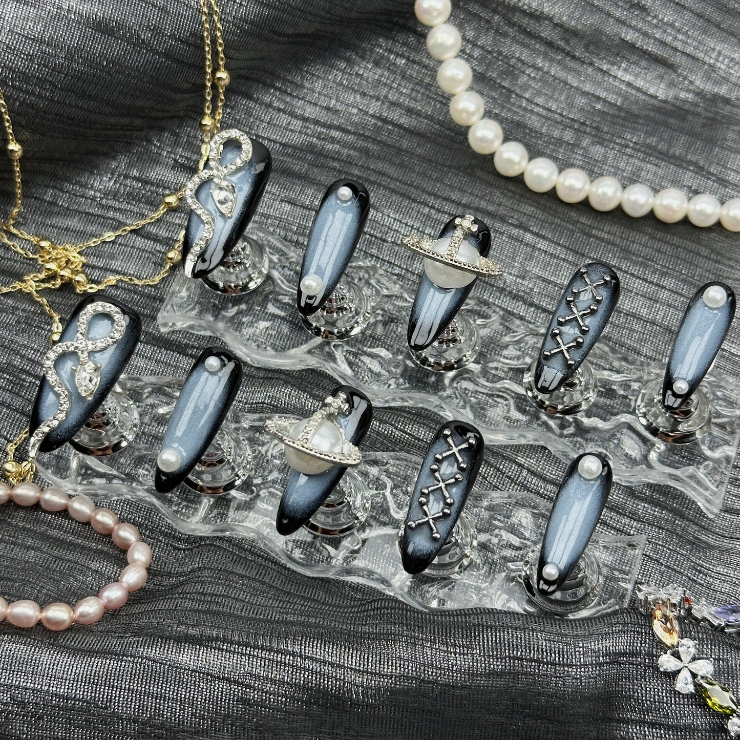 Midnight Galaxy| Handmade Press-On Nails | Style No. A004 | Black Chrome, Celestial Charms, Reusable