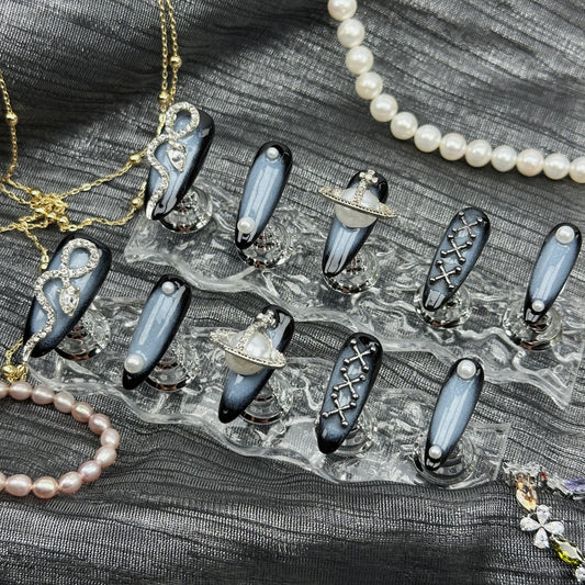 Midnight Galaxy| Handmade Press-On Nails | Style No. A004 | Black Chrome, Celestial Charms, Reusable