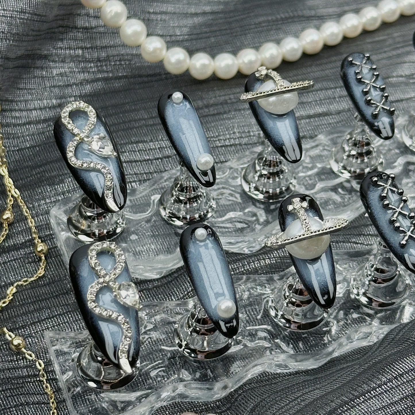 Midnight Galaxy| Handmade Press-On Nails | Style No. A004 | Black Chrome, Celestial Charms, Reusable