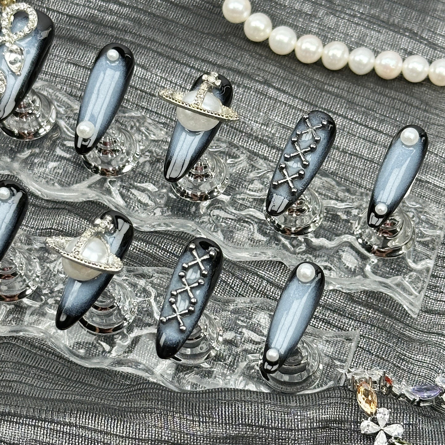 Midnight Galaxy| Handmade Press-On Nails | Style No. A004 | Black Chrome, Celestial Charms, Reusable