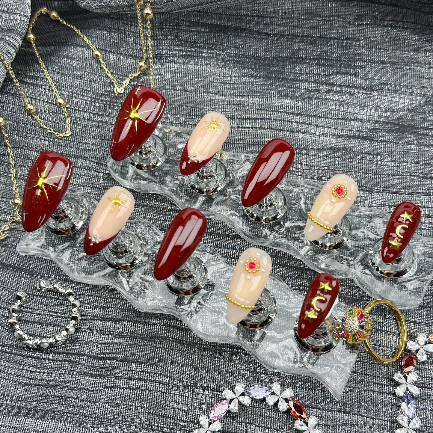Crimson Spell | Handmade Press-On Nails | Style No. W048| Deep Red Gloss, Gold Star & Moon Charms, Reusable Elegant Gothic Nail Set