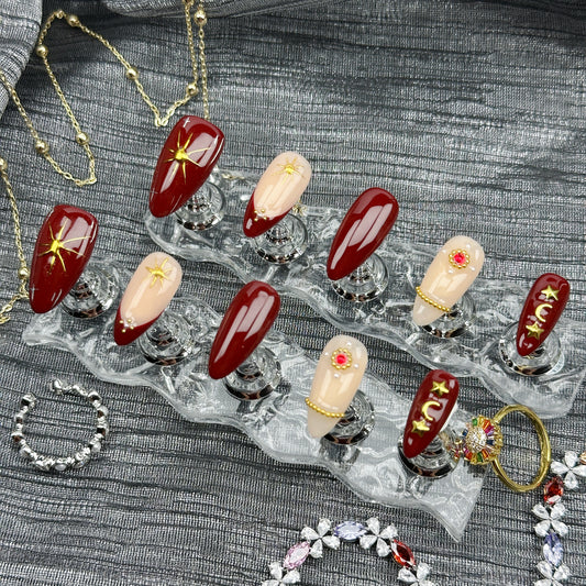 Crimson Spell | Handmade Press-On Nails | Style No. W048| Deep Red Gloss, Gold Star & Moon Charms, Reusable Elegant Gothic Nail Set
