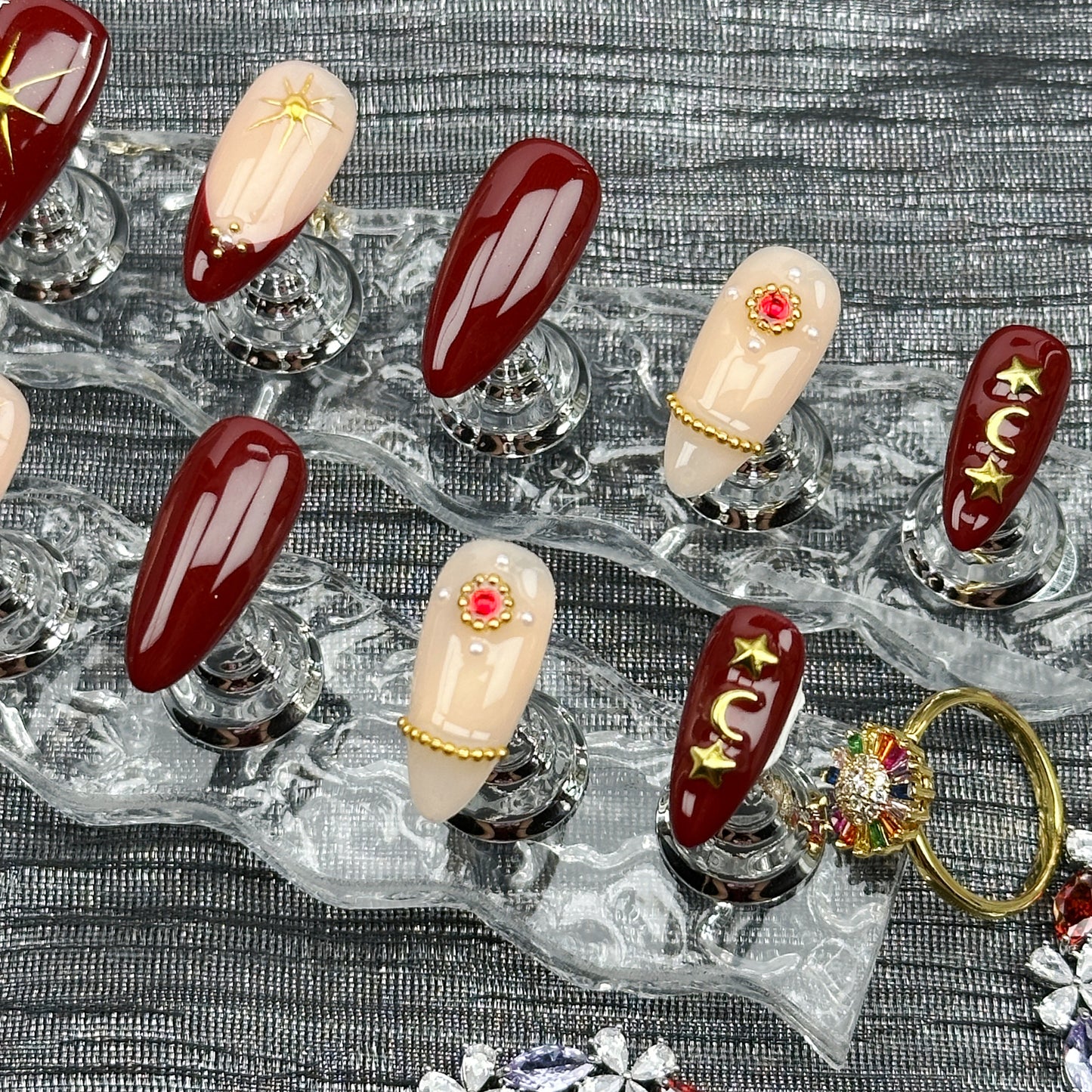 Crimson Spell | Handmade Press-On Nails | Style No. W048| Deep Red Gloss, Gold Star & Moon Charms, Reusable Elegant Gothic Nail Set