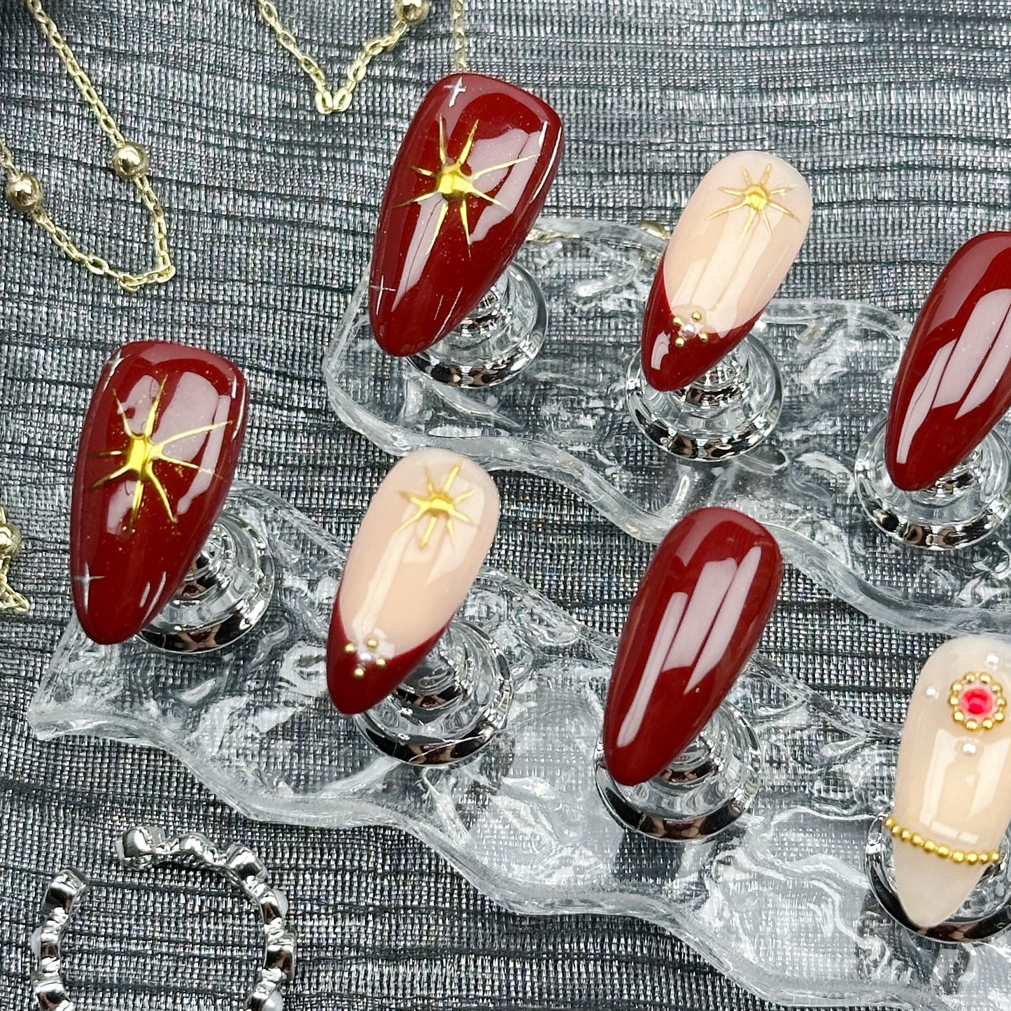 Crimson Spell | Handmade Press-On Nails | Style No. W048| Deep Red Gloss, Gold Star & Moon Charms, Reusable Elegant Gothic Nail Set