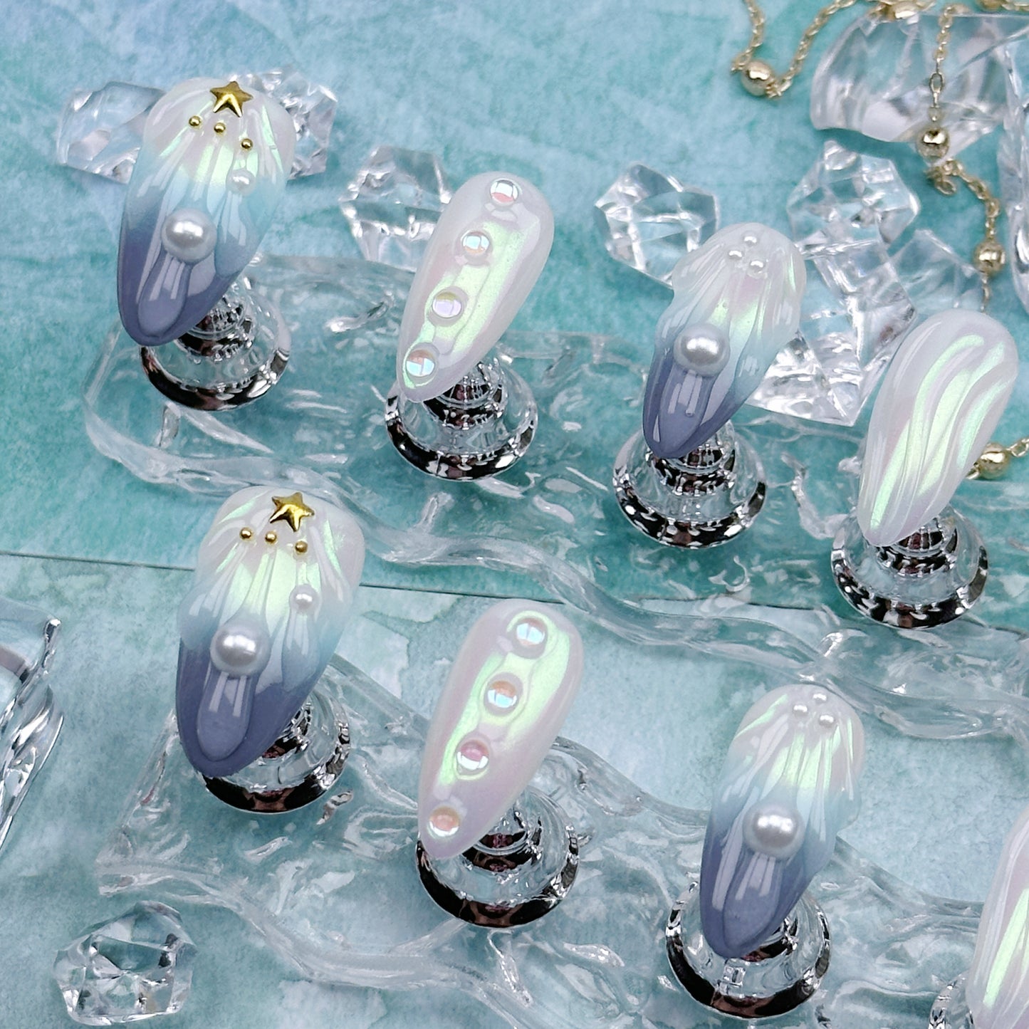 Ocean Aurora | Handmade Press-On Nails | Style No. G003 | Iridescent Shell Finish, Pearl & Star Accents, Reusable Mermaid-Inspired Nail Set