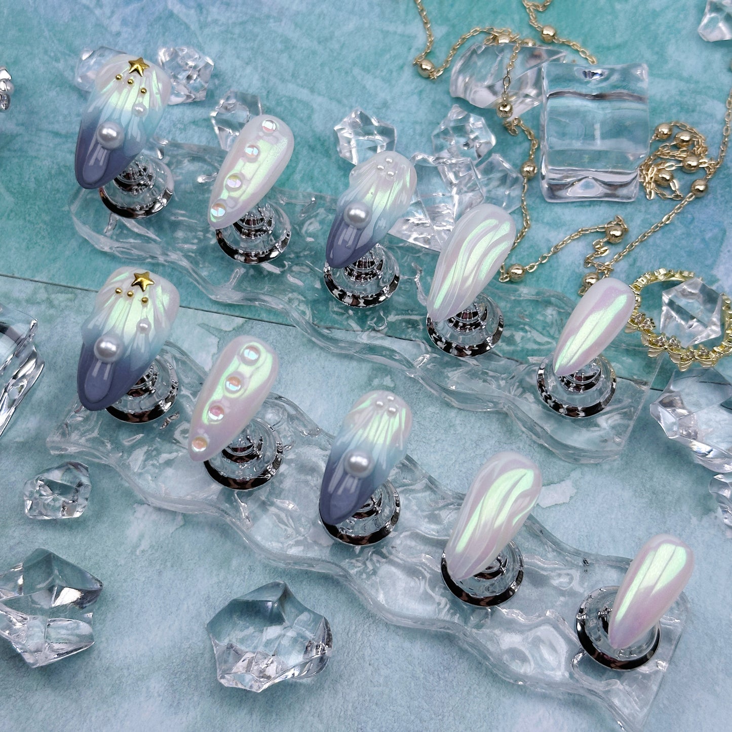 Ocean Aurora | Handmade Press-On Nails | Style No. G003 | Iridescent Shell Finish, Pearl & Star Accents, Reusable Mermaid-Inspired Nail Set