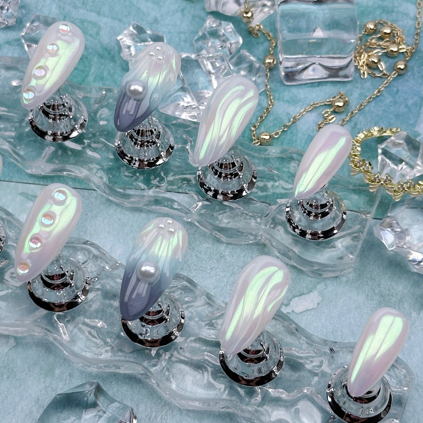 Ocean Aurora | Handmade Press-On Nails | Style No. G003 | Iridescent Shell Finish, Pearl & Star Accents, Reusable Mermaid-Inspired Nail Set