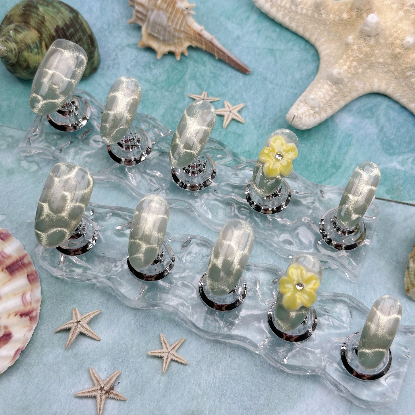 Forest Lace | Handmade Press-On Nails | Style No. A021 | Green Vein Texture, 3D Floral Accent, Reusable Nature-Inspired Nail Set