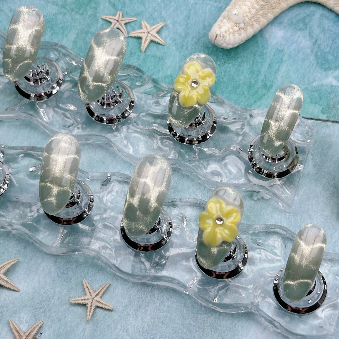 Forest Lace | Handmade Press-On Nails | Style No. A021 | Green Vein Texture, 3D Floral Accent, Reusable Nature-Inspired Nail Set