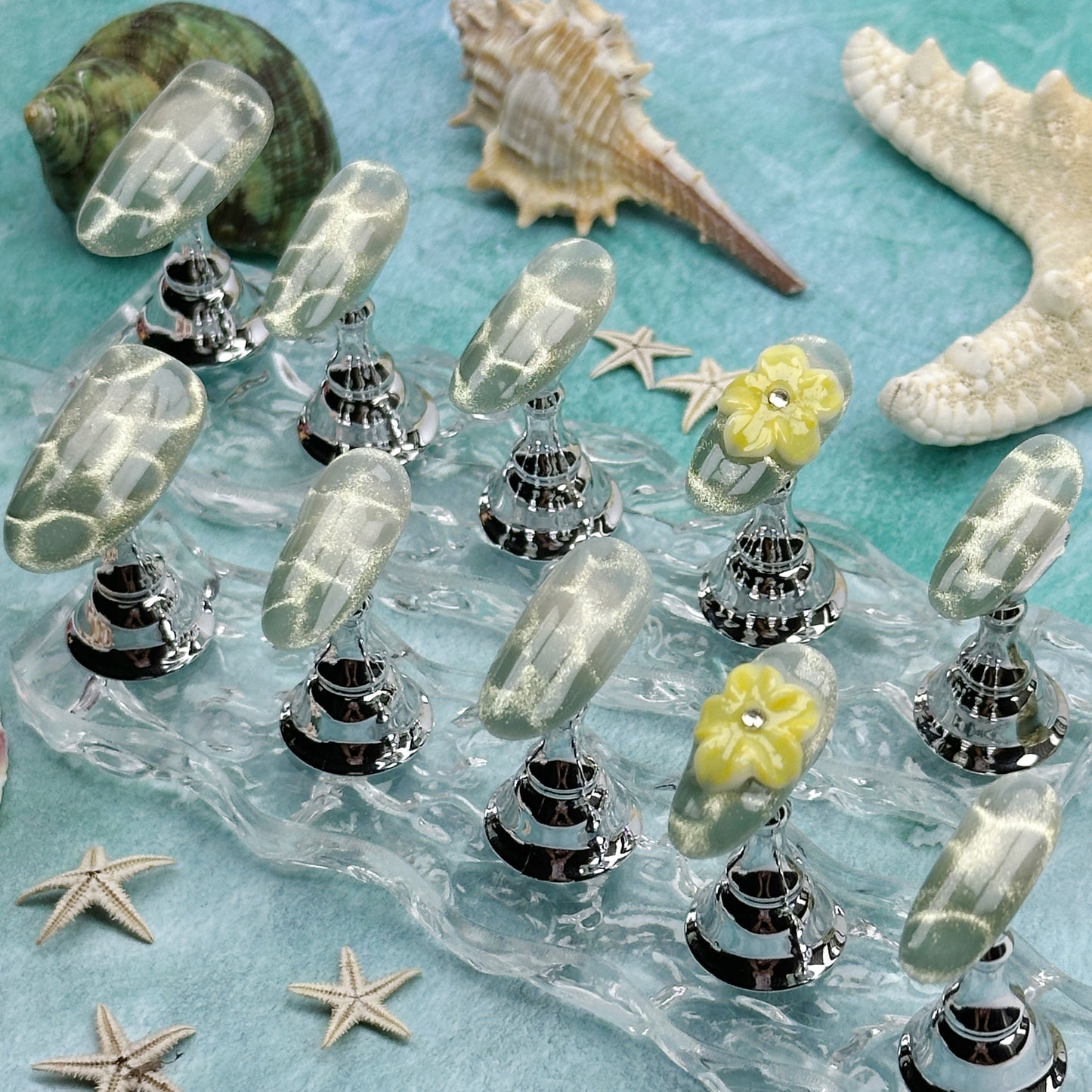 Forest Lace | Handmade Press-On Nails | Style No. A021 | Green Vein Texture, 3D Floral Accent, Reusable Nature-Inspired Nail Set