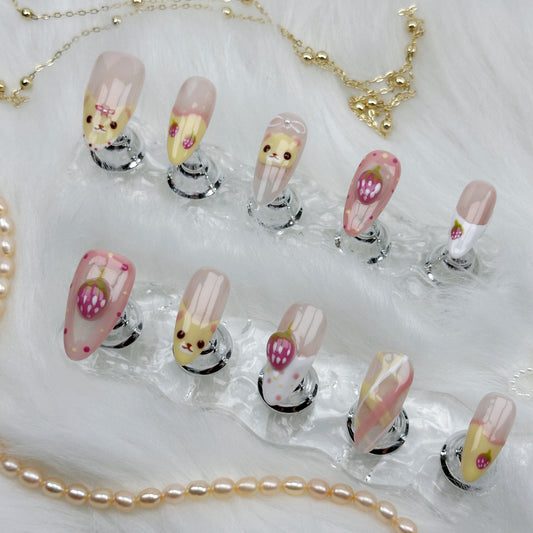 Berry Bear | Handmade Press-On Nails | Style No. A015 | Cute Cartoon Design, Fruit & Animal Theme, Reusable Nail Set