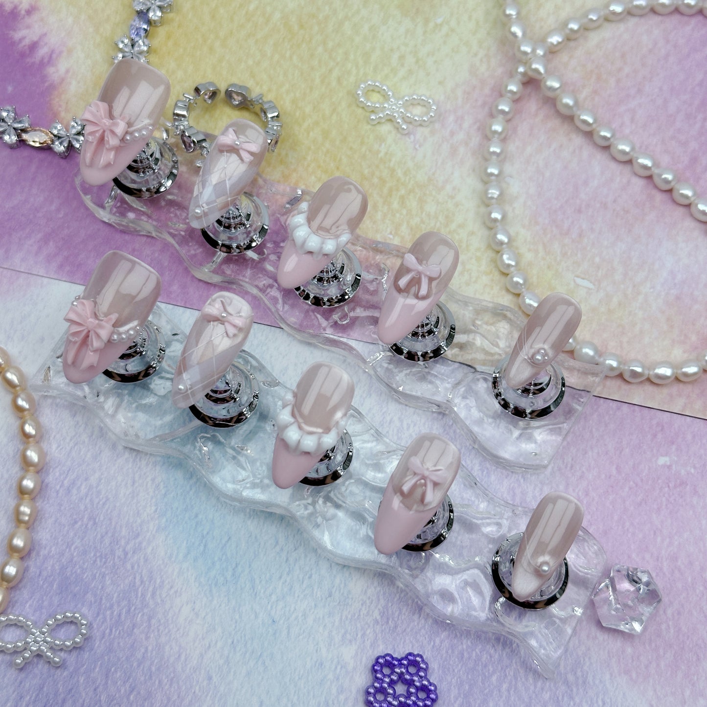 Blush Bow | Handmade Press-On Nails | Style No. A011 | Soft Pink, 3D Bow & Pearl Design, Reusable Nail Set